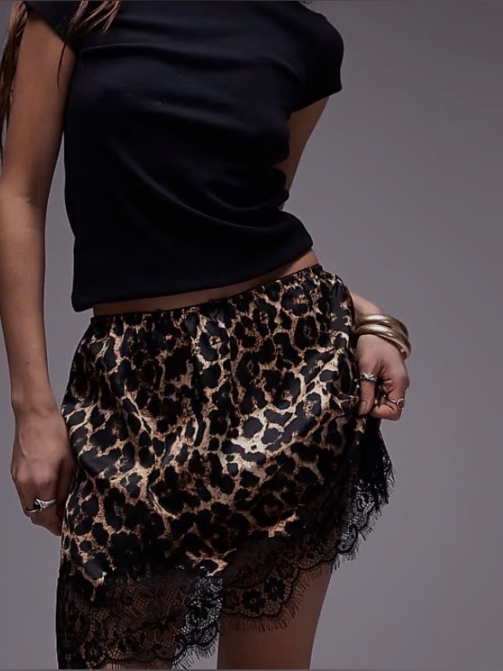 Topshop Leopard Satin Mini Skirt with Black Lace Trim